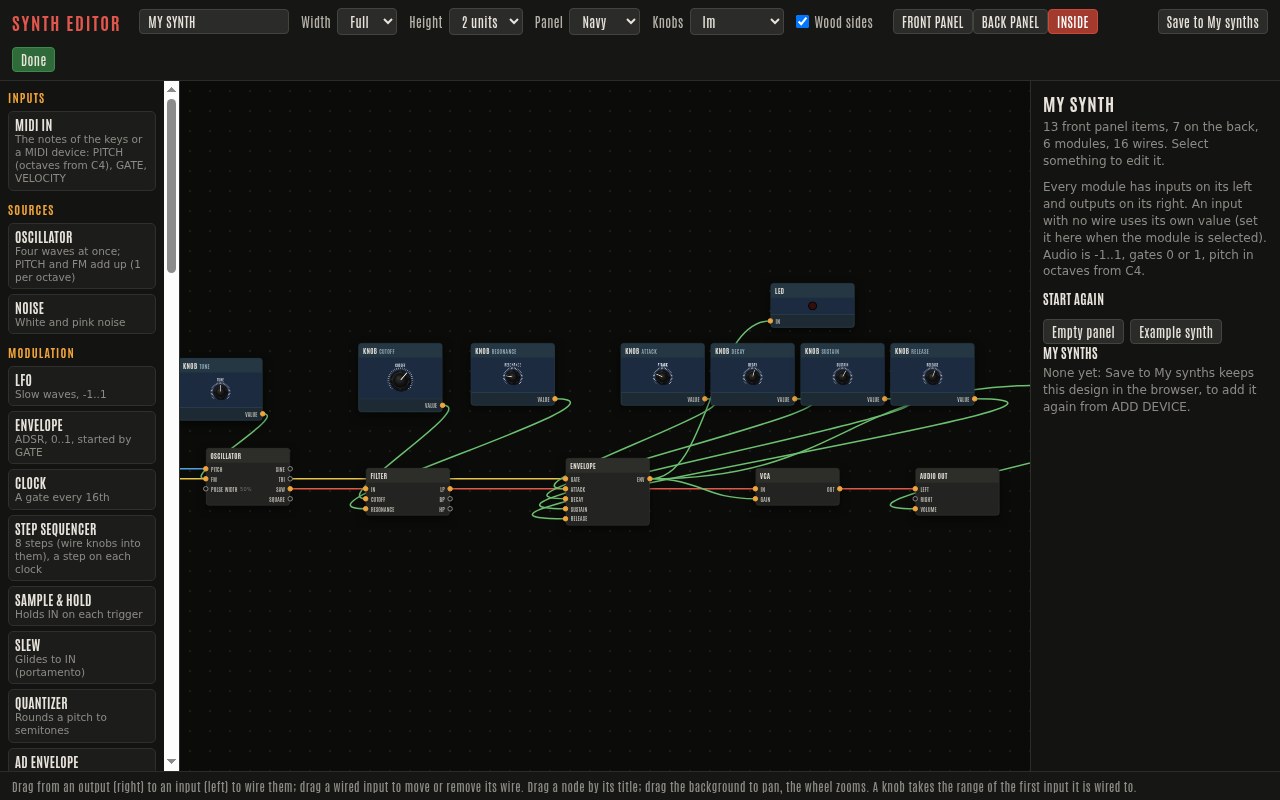 The Synth Editor's inside view: the panel's knobs wired to an oscillator, a filter, an envelope and a VCA