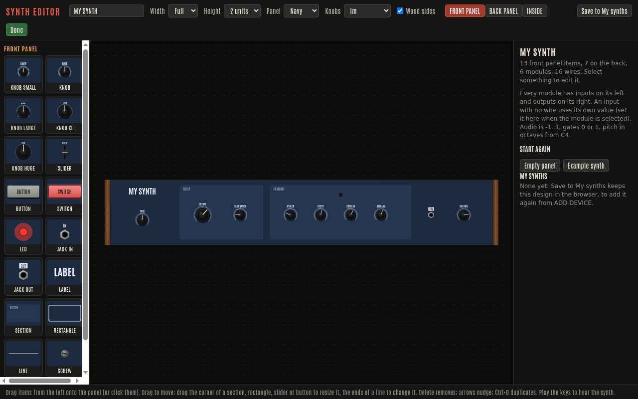 The Synth Editor: a synth's front panel and the palette of knobs, sliders, buttons and jacks