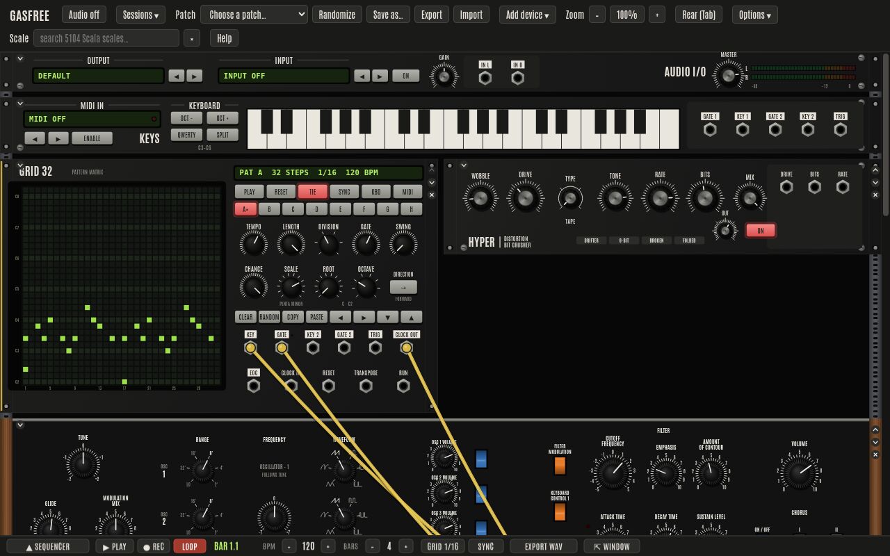 The rack: a note grid sequencer patched into a paraphonic synthesizer, a lo-fi effect and the keyboard